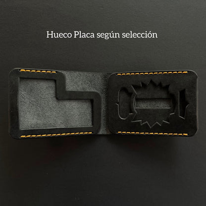 Cartera Portaplacas BASIC | Edición Negra Hilo Mostaza | Cuero Cosido a Mano – KPROO