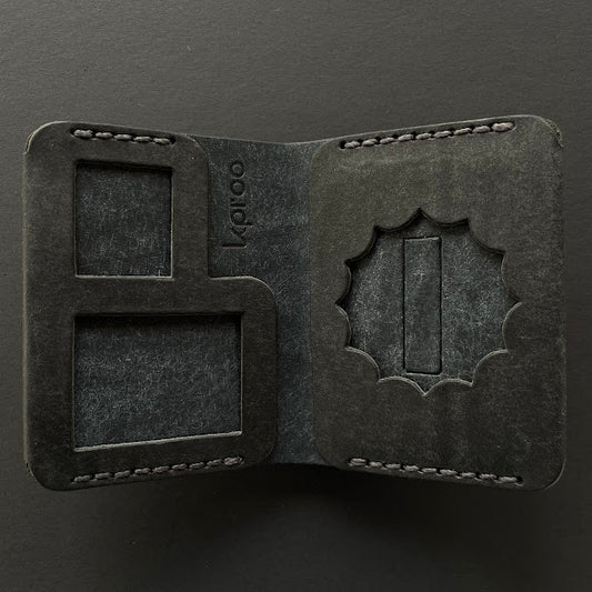 Cartera Portaplacas COMPAC Policía Local CV | Edición Negra Azul M Hilo Gris | Cuero Cosido a Mano – KPROO